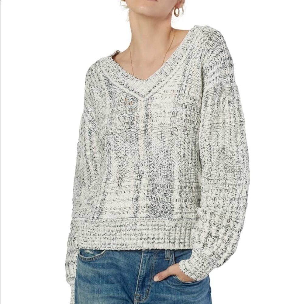 Joie Sydnee Cotton V-neck Chunky Knit Oversized Balloon Sleeve Cozy Sweater